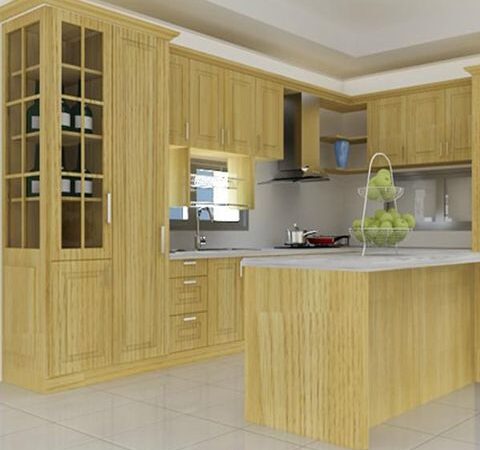 Tủ bếp chữ U có đảo bếp gỗ MDF sơn PU